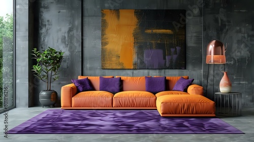 A modern living room interior with grey walls, purple carpet and orange sofa. The wall is decorated with an abstract painting