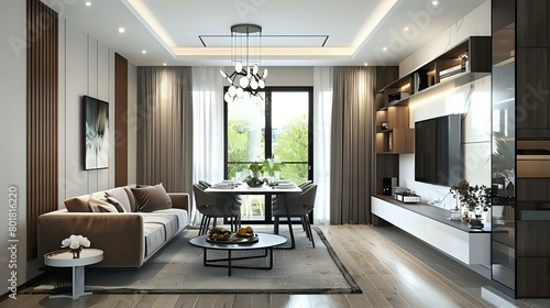 A modern living room with a brown and white color scheme, a dining table set in the center of the picture, a sofa on the left side and a TV stand on the right wall, © Haseena