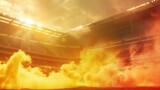 fan enthusiasm in yellow red torch smoke in football stadium
