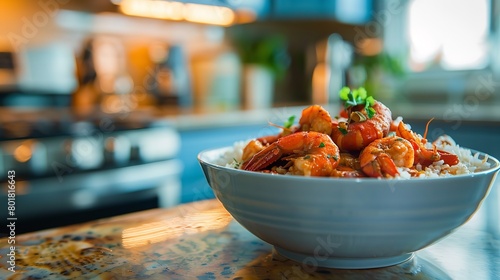 A bowl of crawfish etouffee over a clean wooden backdrop and big blurry space for text or product advertisement, Generative AI.