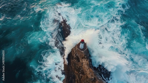 A breathtaking aerial view of a lighthouse standing on a rock surrounded by vast liquid water, showcasing the beauty of natural landscape and perfect for leisure and recreation AIG50 © Summit Art Creations
