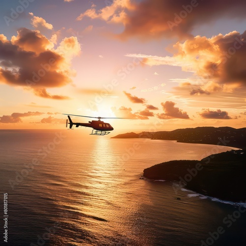 luxury helicopter flying at sunset