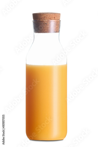 Glass bottle with orange juice on white background