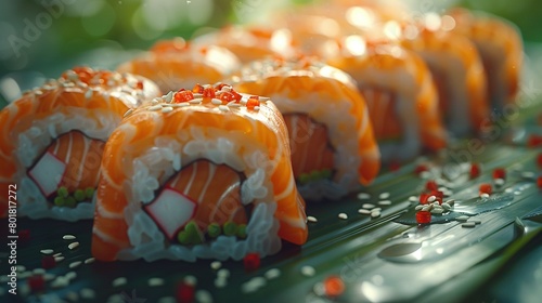   A row of sushi rolls atop a red-white sprinkled metal tray © Igor