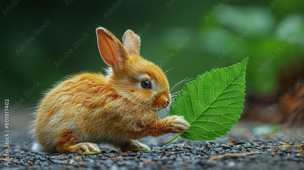 Fototapeta premium A small rabbit cradling a verdant leaf in its jaws and contemplating the image of itself mirrored within them