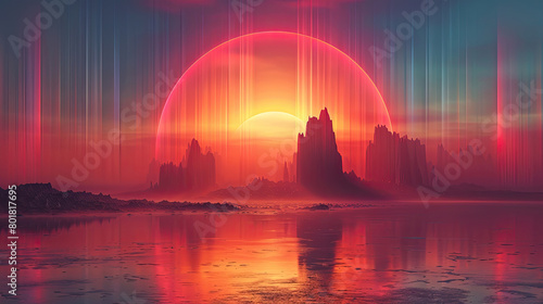 Illustration of fantasy landscape on sunset