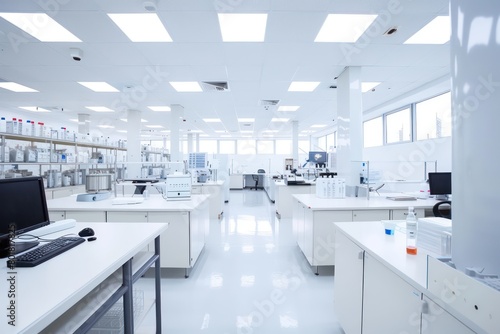 a scientific lab, scientists, bright, white