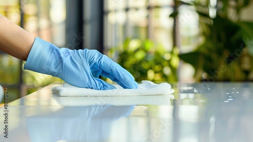 Hand glove wiping a white table