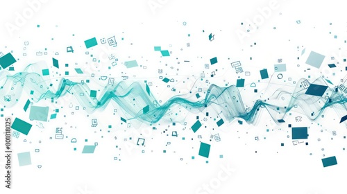 stream of digital data and document formats, hints of teal, white background