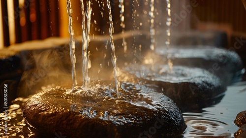 A person pouring water onto hot rocks in a sauna creating a humid and healing environment for migraine sufferers.. photo