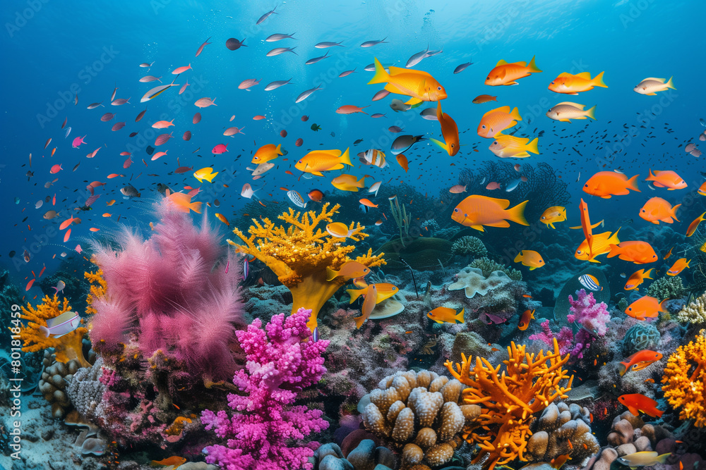 Underwater coral reef scene with diverse marine life, vibrant and detailed