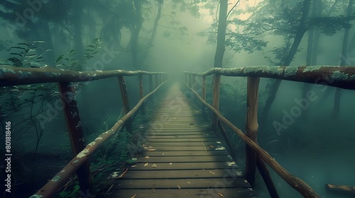 A wooden bridge leading through the misty forest, symbolizing journey and hope in a fantasy world.