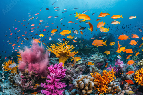 Underwater coral reef scene with diverse marine life, vibrant and detailed © ch3r3d4r4f43l