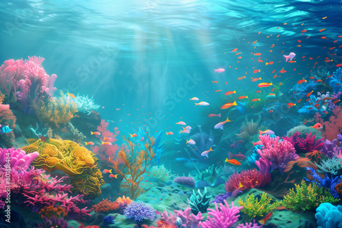Underwater coral reef scene with diverse marine life  vibrant and detailed