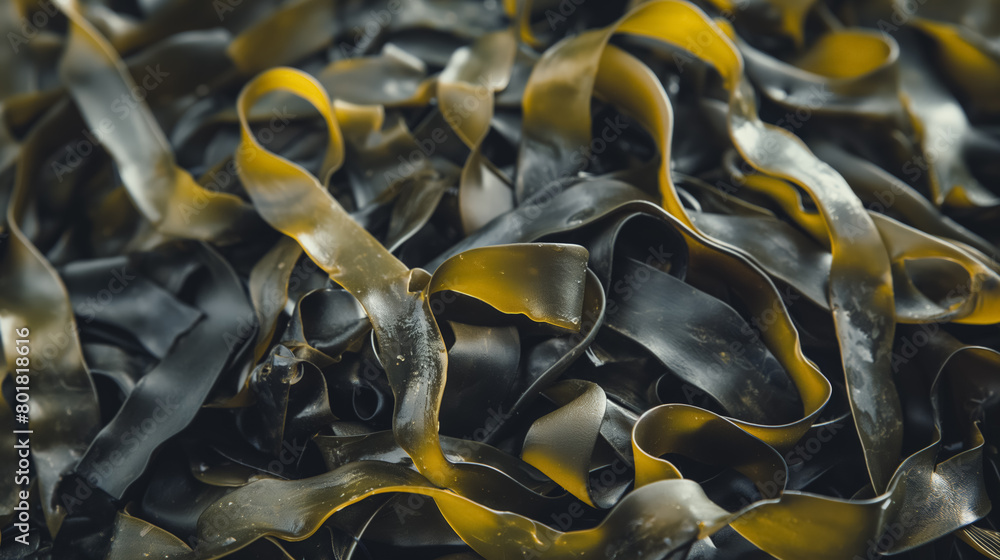 Fototapeta premium Dark, glossy seaweed showcasing its tangled, ribbon-like texture, with varying shades of brown and green.