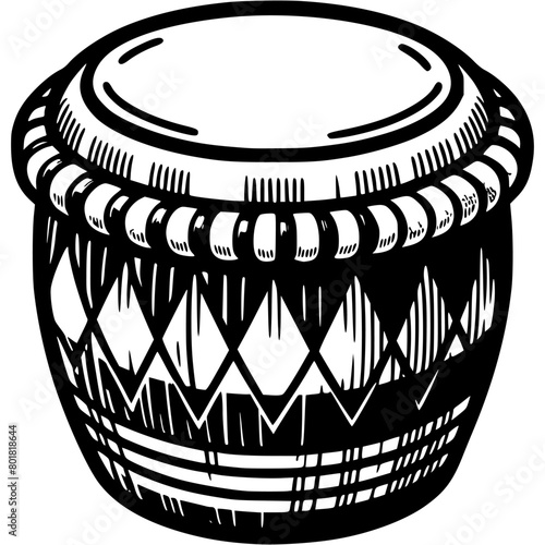 Hawaiian wooden drum in monochrome. Traditional musical instrument of islanders. Simple minimalistic vector in black ink drawing on transparent background