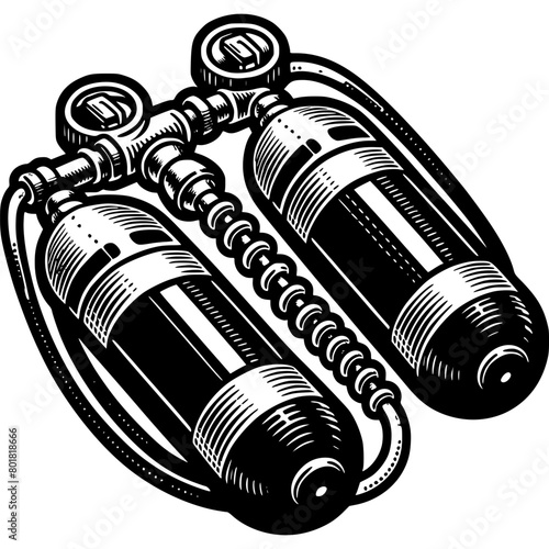 Dual oxygen diver cylinder in monochrome. Spearfishing equipment. Simple minimalistic vector in black ink drawing on transparent background