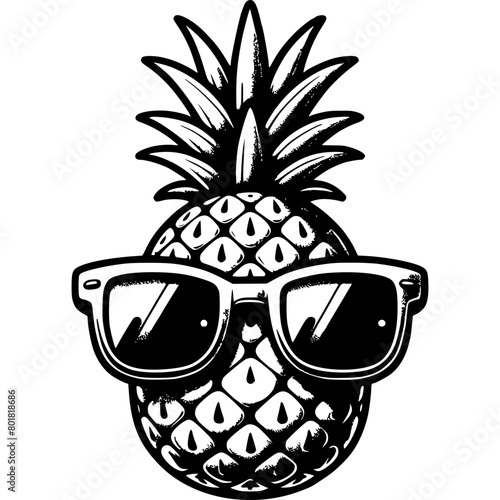 Juicy pineapple in sunglasses in monochrome. fashionable fruit character in glasses. Simple minimalistic vector in black ink drawing on transparent background