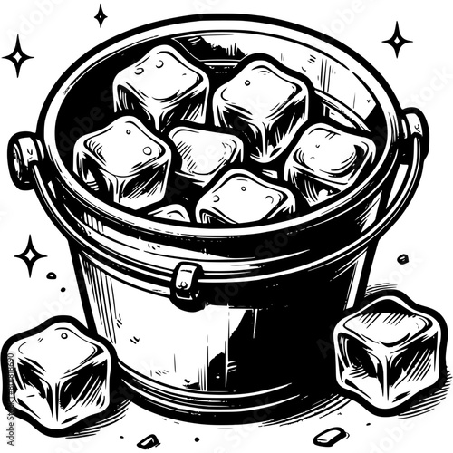 Metal drink bucket filled with ice cubes in monochrome. Ice in container for cooling cocktails. Simple minimalistic vector in black ink drawing on transparent background