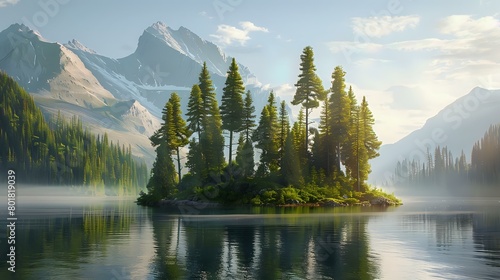 An idyllic scene of an isolated island in the middle of a lake, surrounded by pine trees and mountains, bathed in soft light