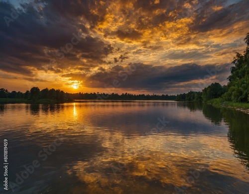 A breathtaking sunset over a tranquil lake, casting a golden glow on the Eid celebrations taking place nearby. 