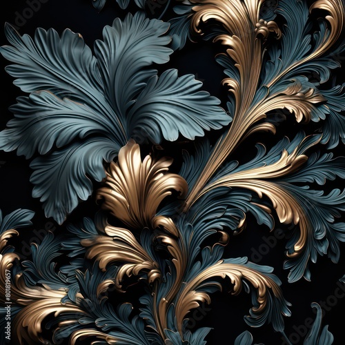 baroque floral pattern, metal style, black background baroque leafs