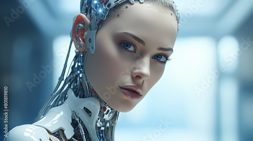 Humanoid robot, Advanced humanoid droid portrait, Futuristic robotic technology concept with artificial intelligence and mechanical innovation