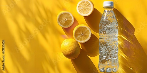 Lovely summer beverage for losing fat in a glass container with a striking yellow setting that consists a lemon water liquid detox and space, Generative AI.