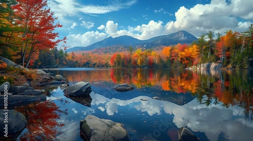 Colorful autumn mountain landscape with reflection in lake and rocks,