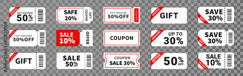 Coupon discount promotion or gift voucher set isolated on transparent background.