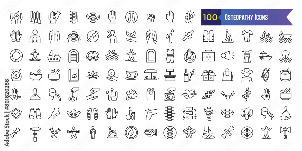 Osteopathy icons set. Outline set of osteopathy vector icons for ui design. Outline icon collection. Editable stroke. Osteopathy icons set. Outline set of osteopathy vector icons for ui design. Outline icon collection. Editable stroke.