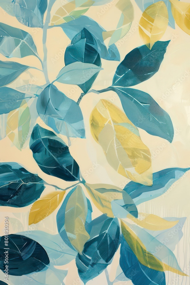 blue yellow leaves are painted on a white canvas blue yellow leaves are painted on a white canvas