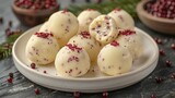   A plate of cookies with frosting and cranberry sprinkles sits beside a pot of pomegranates