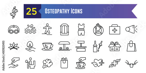 Osteopathy icons set. Outline set of osteopathy vector icons for ui design. Outline icon collection. Editable stroke.