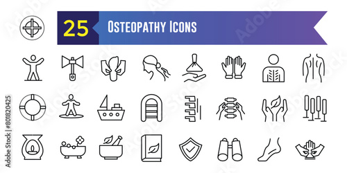 Osteopathy icons set. Outline set of osteopathy vector icons for ui design. Outline icon collection. Editable stroke.