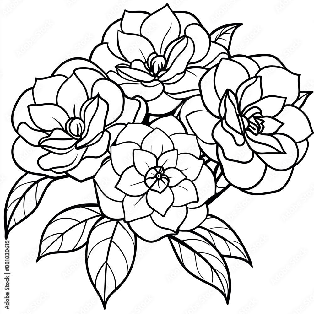 Camellia Flower Bouquet outline illustration coloring book page design, Camellia Flower Bouquet black and white line art drawing coloring book pages for children and adults