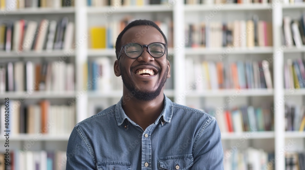 African Black Man in Glasses Laugh with in Library Office Home - Businessman Male Have Fun at Workplace
African Black Man in Glasses Laugh with in Library Office Home - Businessman Male Have Fun at Workplace
