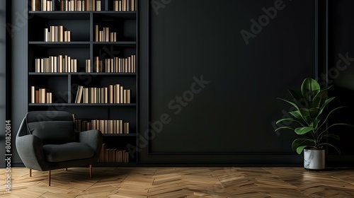 Minimalist interior design of modern living room with armchair, wooden floor and book shelf against black wall mock up with copy space area for text photo