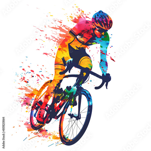 Vibrant Watercolor Cyclist Racing in Action on White Background