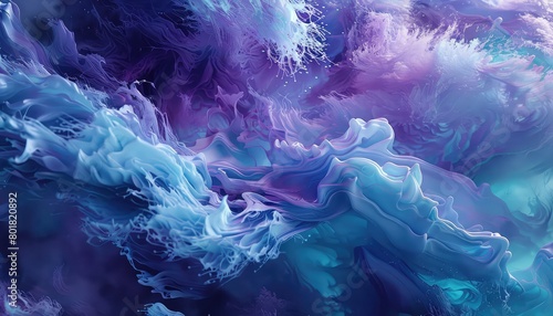 Ethereal flow of colors in a 3D animated splash, intricately filling the canvas, with a palette of deep ocean blue and soft lavender, large fluid strokes, creating a dream-like photo