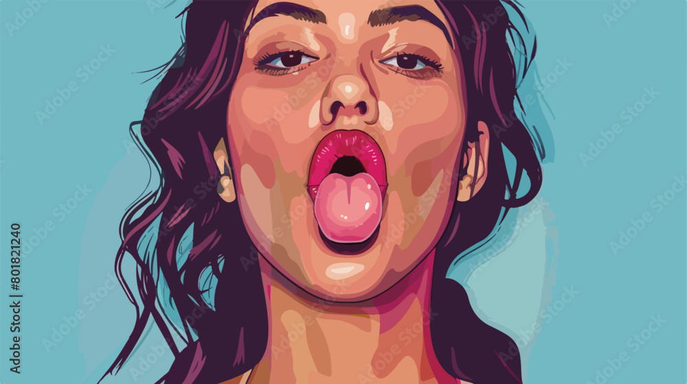 Young woman using tongue scraper on blue background 