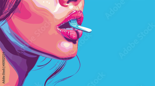 Young woman using tongue scraper on blue background 