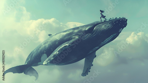 Surreal Flying Humpback Whale and a Woman on Top  generative ai