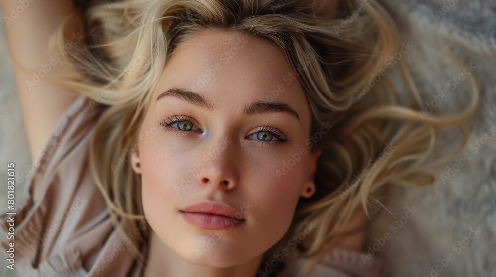 Top view of young woman is lying on the floor and looking at camera. Top view of young woman is lying on the floor and looking at camera.