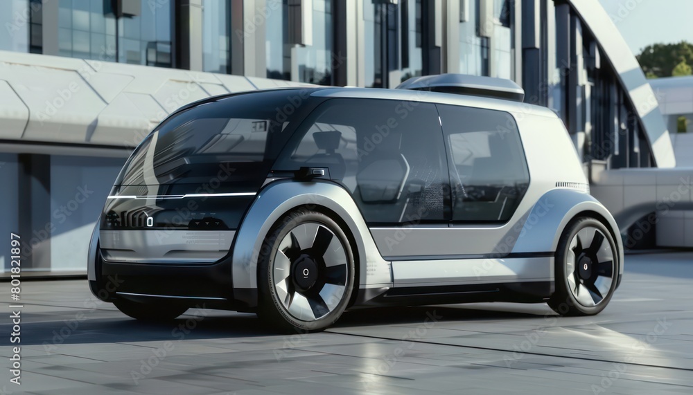 ev electric vehicle autonomous, futuristic van is silver and black, with large tires