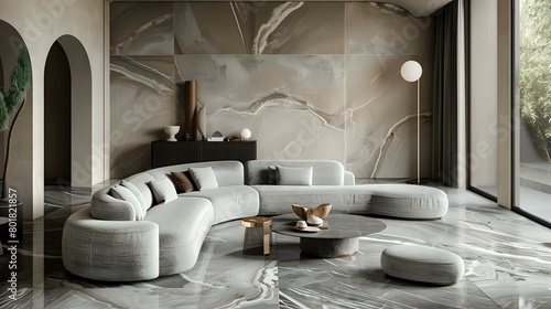 Modern style living room with beige walls and gray marble floor  a sofa combination of curved shape and round coffee table in the center of the space