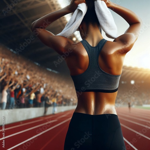 Woman running on track drying hair with a towel