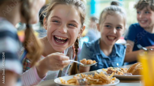 European elementary school students joyfully sharing a meal together, their faces beaming with happiness and laughter
