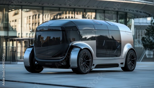 ev electric vehicle autonomous  futuristic van is silver and black  with large tires