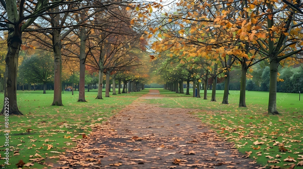 picturesque autumn in Green locus Park, London with its trees adorned